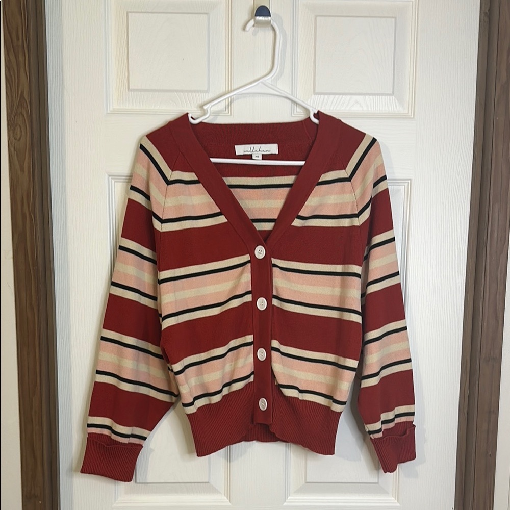 Red and Cream Striped Cardigan Sweater